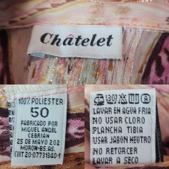 Vintage 70s Sheer Button Down Blouse XL Pink Metallic Geometric Striped Groovy - Picture 3 of 11